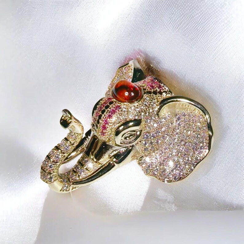 Golden Elephant Brooch: Vintage Style, Ruby Accent, Hand-Inlaid