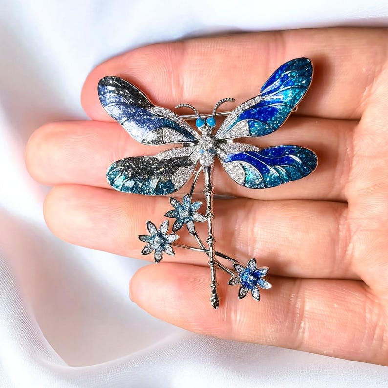 Blue enamel dragonfly brooch, vintage hand made jewelry brooches or pendant