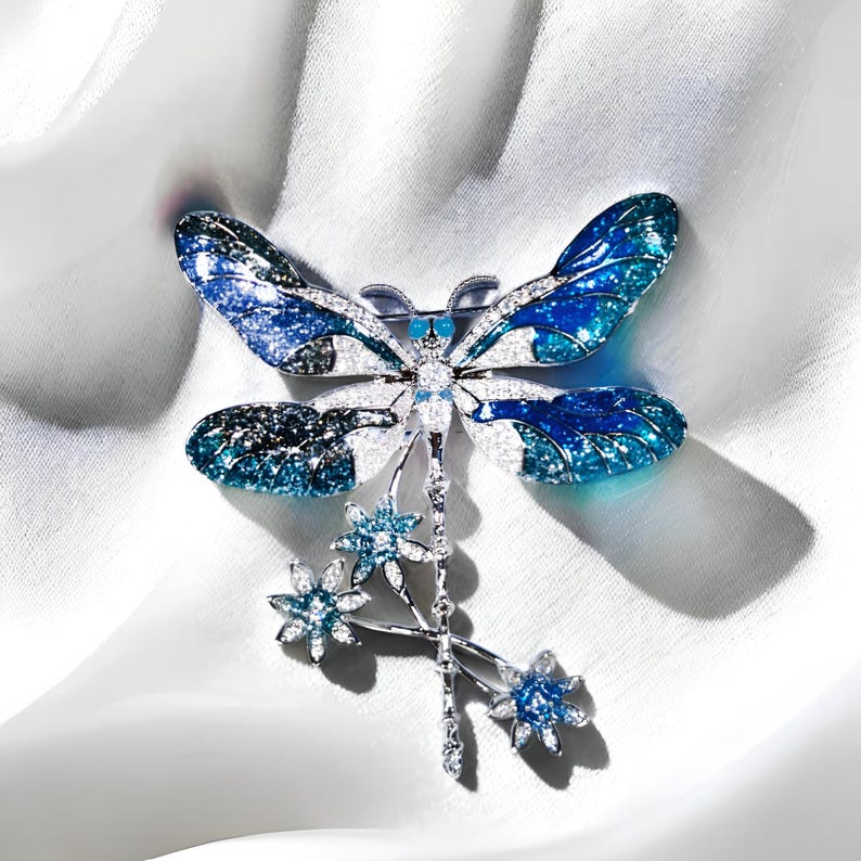 Blue enamel dragonfly brooch, vintage hand made jewelry brooches or pendant