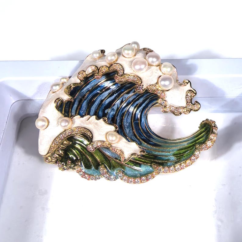 Pearl Wave Brooch: Handmade Enamel Copper Gold Pin