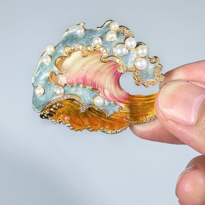 Pearl Wave Brooch: Handmade Enamel Copper Gold Pin