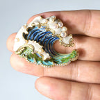 Pearl Wave Brooch: Handmade Enamel Copper Gold Pin