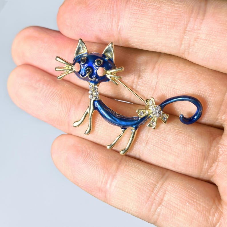 Handmade Blue Enamel Kitten Brooch: 18K Gold Plated Cat Pin