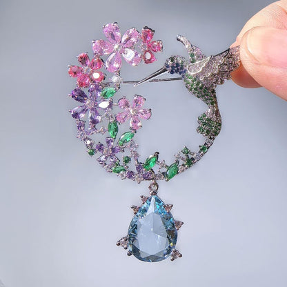 Colorful wreath hummingbird brooch, blue crystal pendant design women's pin