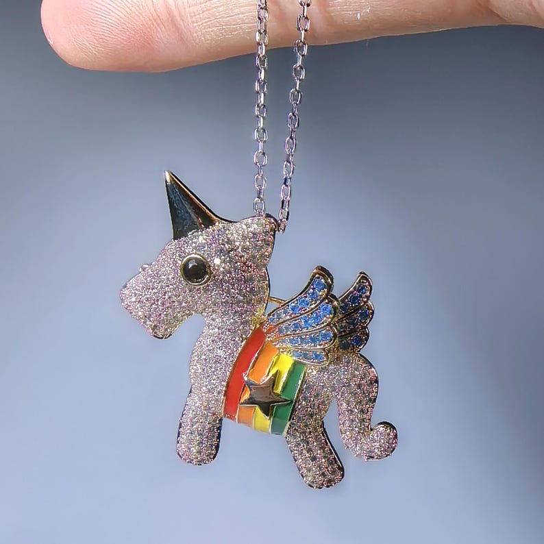 Diamond Unicorn Brooch: 14K Gold Wings, Colorful Zircon Pin