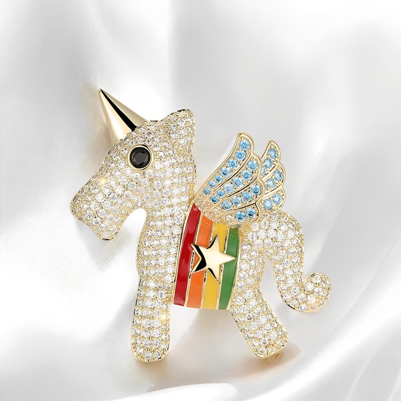 Diamond Unicorn Brooch: 14K Gold Wings, Colorful Zircon Pin