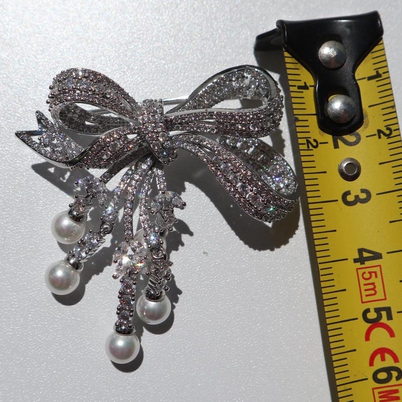 Pearl Bow Brooch: Zircon Gem, Brass Pin, Wedding Jewelry