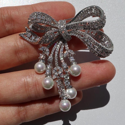 Pearl Bow Brooch: Zircon Gem, Brass Pin, Wedding Jewelry