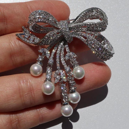 Pearl Bow Brooch: Zircon Gem, Brass Pin, Wedding Jewelry