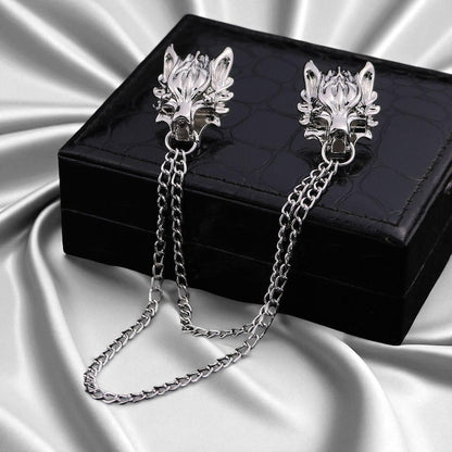 Wolf Head Chain Brooch: Gold or Silver Unisex Lapel Pin