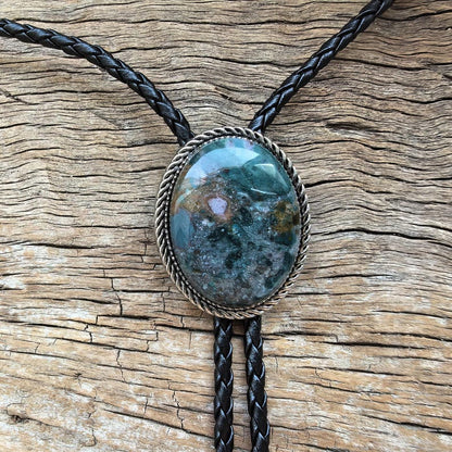 Bolo tie en agate mousse : mariage de cow-boy occidental, cordon en cuir végane