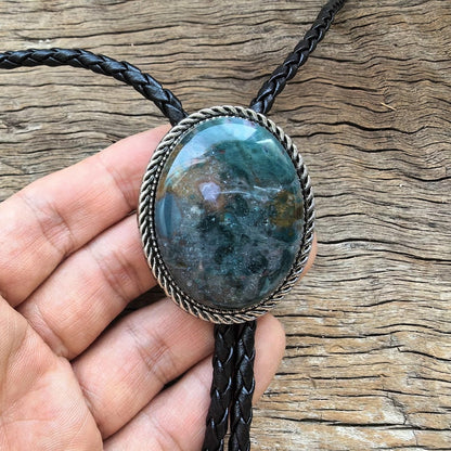 Bolo tie en agate mousse : mariage de cow-boy occidental, cordon en cuir végane