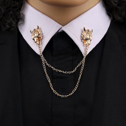 Wolf Head Chain Brooch: Gold or Silver Unisex Lapel Pin