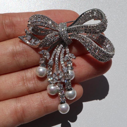 Pearl Bow Brooch: Zircon Gem, Brass Pin, Wedding Jewelry