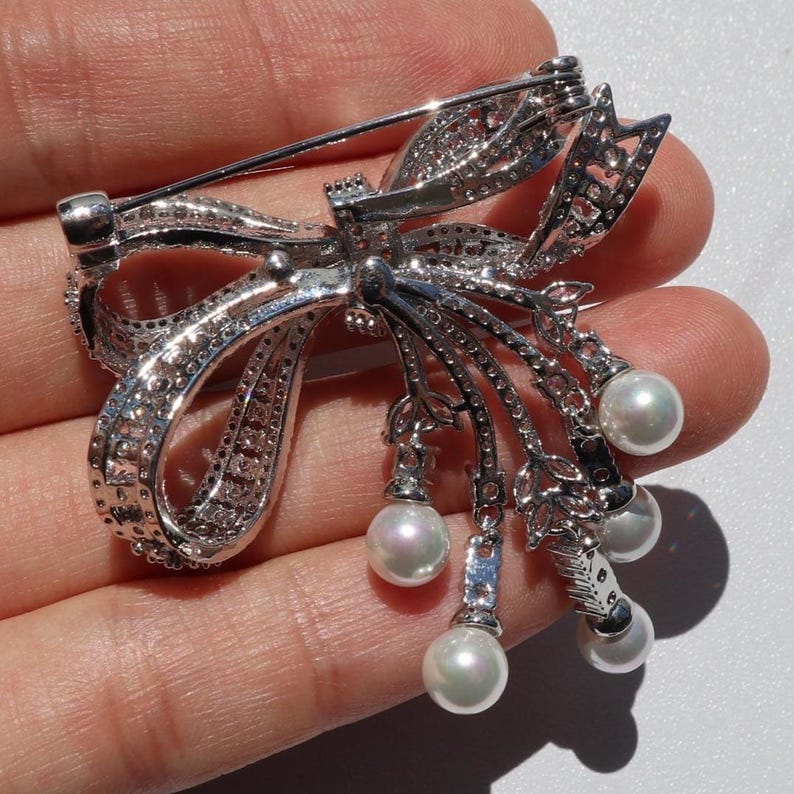 Pearl Bow Brooch: Zircon Gem, Brass Pin, Wedding Jewelry