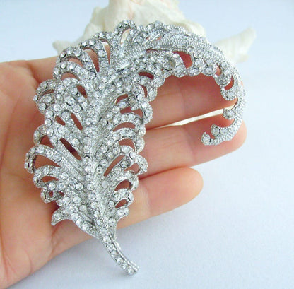 3.4 Inch Elegant Feather Brooch Pin Pendant Rhinestone Crystals Prom Jewelry ET05065M