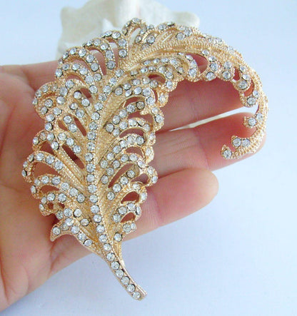 3.4 Inch Elegant Feather Brooch Pin Pendant Rhinestone Crystals Prom Jewelry ET05065M