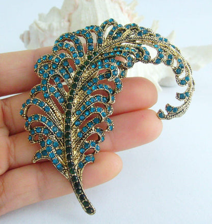 3.4 Inch Elegant Feather Brooch Pin Pendant Rhinestone Crystals Prom Jewelry ET05065M