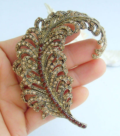 3.4 Inch Elegant Feather Brooch Pin Pendant Rhinestone Crystals Prom Jewelry ET05065M