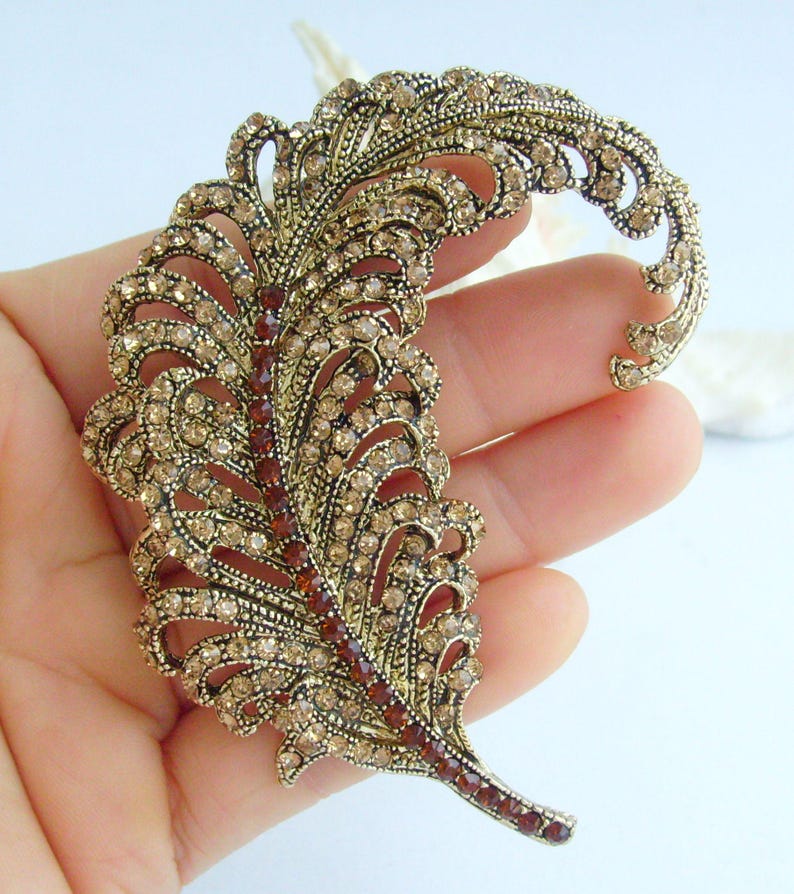3.4 Inch Elegant Feather Brooch Pin Pendant Rhinestone Crystals Prom Jewelry ET05065M
