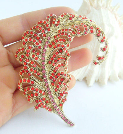 3.4 Inch Elegant Feather Brooch Pin Pendant Rhinestone Crystals Prom Jewelry ET05065M