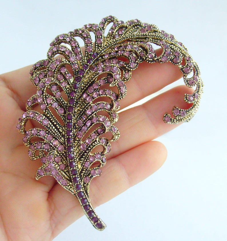 3.4 Inch Elegant Feather Brooch Pin Pendant Rhinestone Crystals Prom Jewelry ET05065M