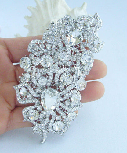 3.9 inch Bridal Flower Brooch Pin Pendant Wedding Bouquet Austrian Crystals Prom Jewelry ET05093M