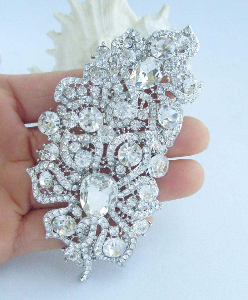 3.9 inch Bridal Flower Brooch Pin Pendant Wedding Bouquet Austrian Crystals Prom Jewelry ET05093M