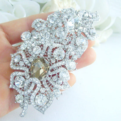 3.9 inch Bridal Flower Brooch Pin Pendant Wedding Bouquet Austrian Crystals Prom Jewelry ET05093M