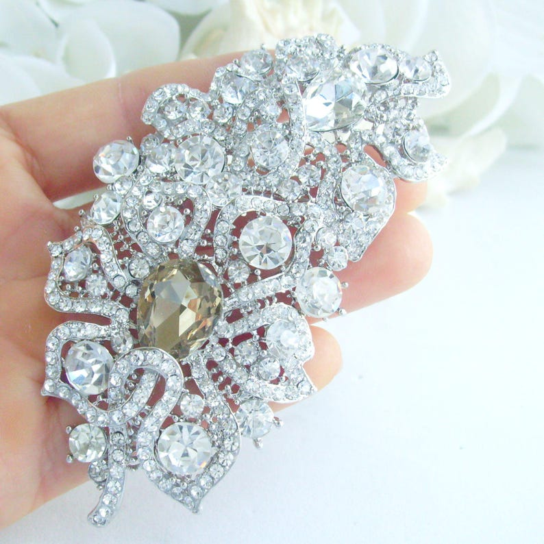 3.9 inch Bridal Flower Brooch Pin Pendant Wedding Bouquet Austrian Crystals Prom Jewelry ET05093M