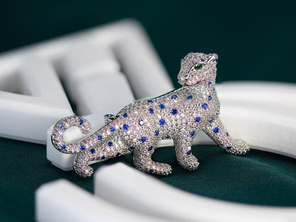 Cubic Zirconia Panther Brooch • White Gold Plated Big Cat Leopard Pin