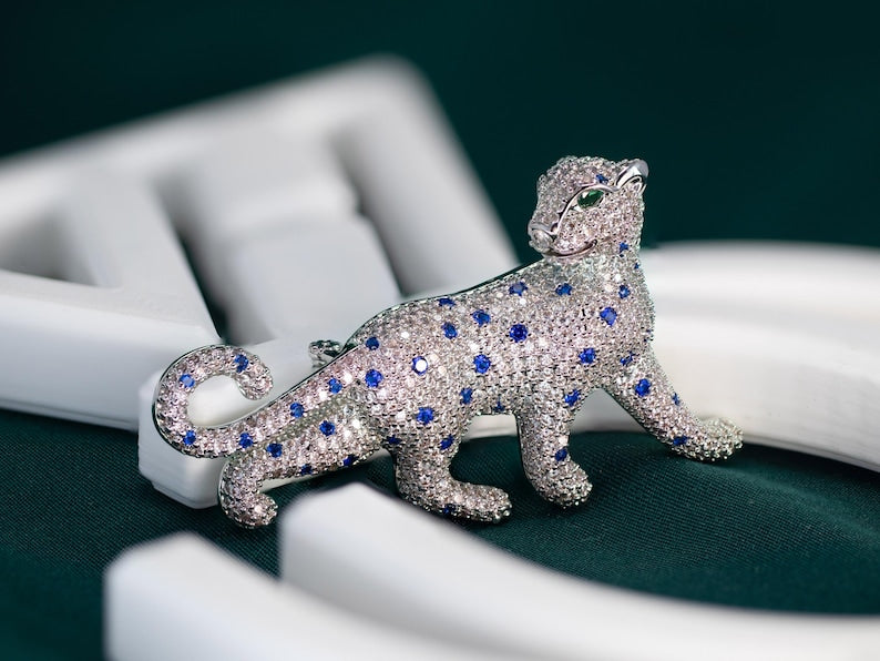 Cubic Zirconia Panther Brooch • White Gold Plated Big Cat Leopard Pin