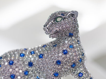 Cubic Zirconia Panther Brooch • White Gold Plated Big Cat Leopard Pin