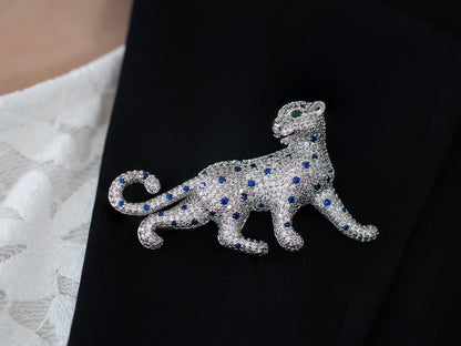 Cubic Zirconia Panther Brooch • White Gold Plated Big Cat Leopard Pin