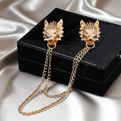 Wolf Head Chain Brooch: Gold or Silver Unisex Lapel Pin
