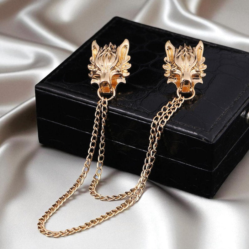Wolf Head Chain Brooch: Gold or Silver Unisex Lapel Pin