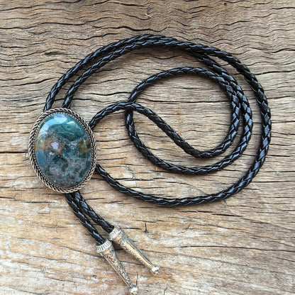 Bolo tie en agate mousse : mariage de cow-boy occidental, cordon en cuir végane