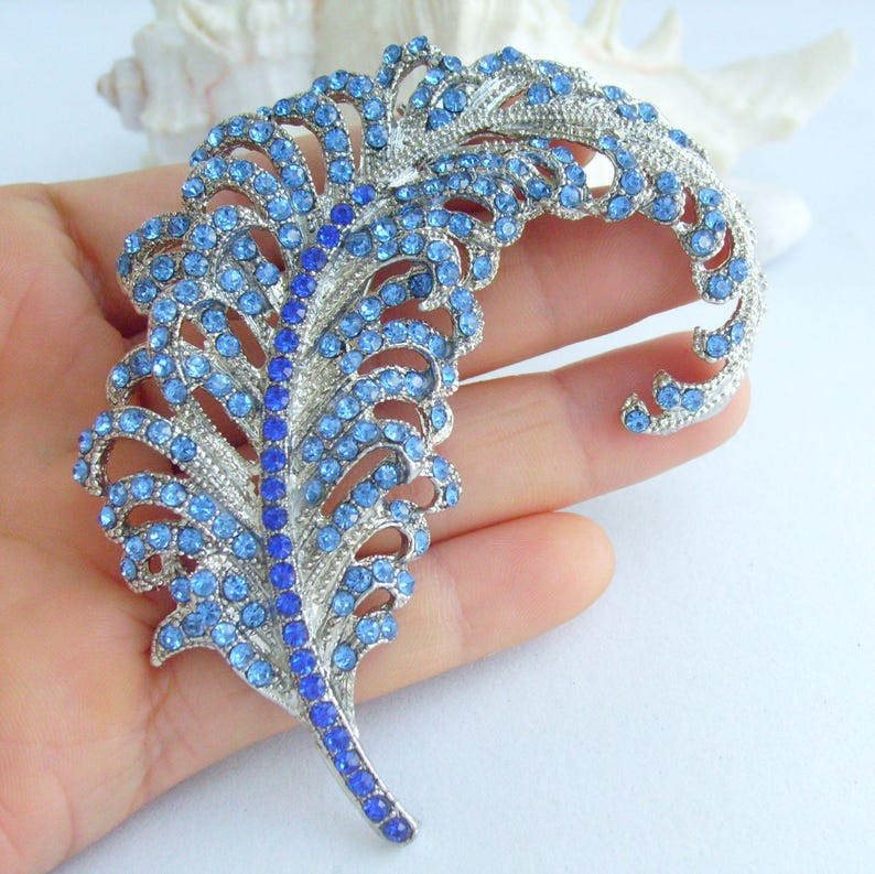 3.4 Inch Elegant Feather Brooch Pin Pendant Rhinestone Crystals Prom Jewelry ET05065M