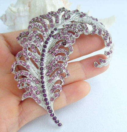 3.4 Inch Elegant Feather Brooch Pin Pendant Rhinestone Crystals Prom Jewelry ET05065M