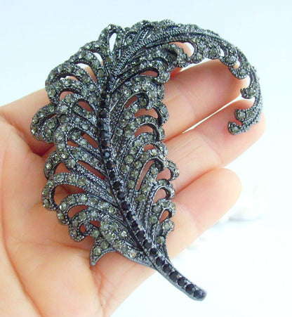3.4 Inch Elegant Feather Brooch Pin Pendant Rhinestone Crystals Prom Jewelry ET05065M