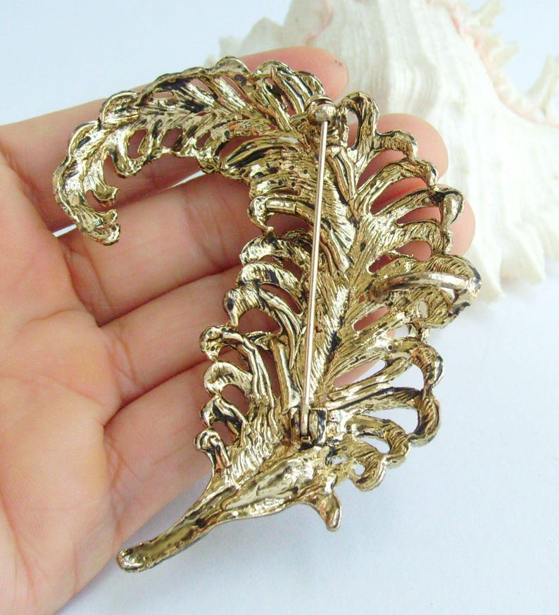3.4 Inch Elegant Feather Brooch Pin Pendant Rhinestone Crystals Prom Jewelry ET05065M
