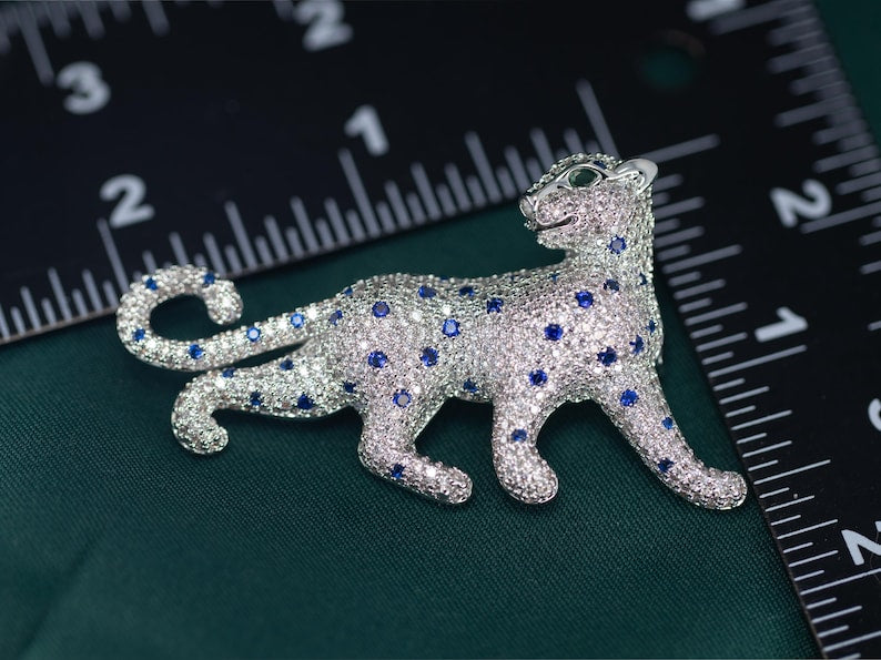 Cubic Zirconia Panther Brooch • White Gold Plated Big Cat Leopard Pin