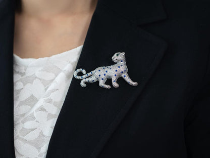 Cubic Zirconia Panther Brooch • White Gold Plated Big Cat Leopard Pin