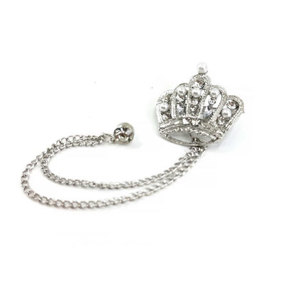 Silver Crown Lapel Pin: Pearl & Crystal Brooch with Chains