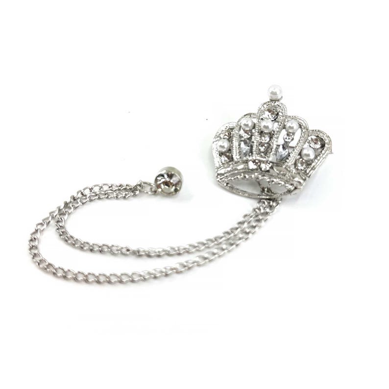 Silver Crown Lapel Pin: Pearl & Crystal Brooch with Chains