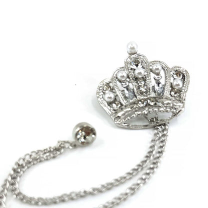Silver Crown Lapel Pin: Pearl & Crystal Brooch with Chains