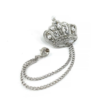Silver Crown Lapel Pin: Pearl & Crystal Brooch with Chains