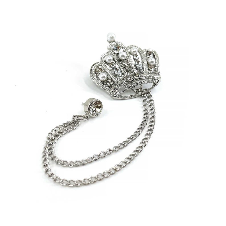 Silver Crown Lapel Pin: Pearl & Crystal Brooch with Chains