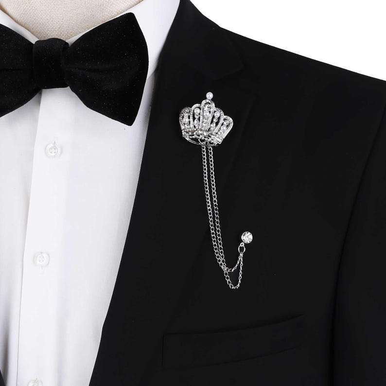 Silver Crown Lapel Pin: Pearl & Crystal Brooch with Chains