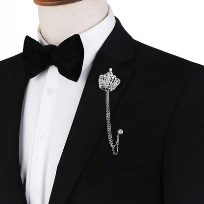 Silver Crown Lapel Pin: Pearl & Crystal Brooch with Chains